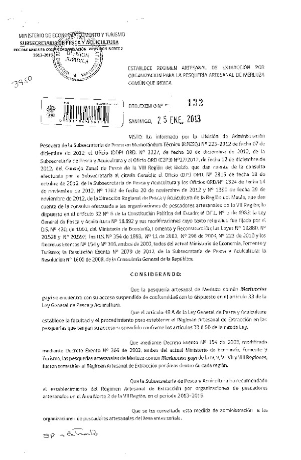 Decreto Nº 132 Establece Régimen Artesanal de Extracción Merluza Común, VII Región Norte.