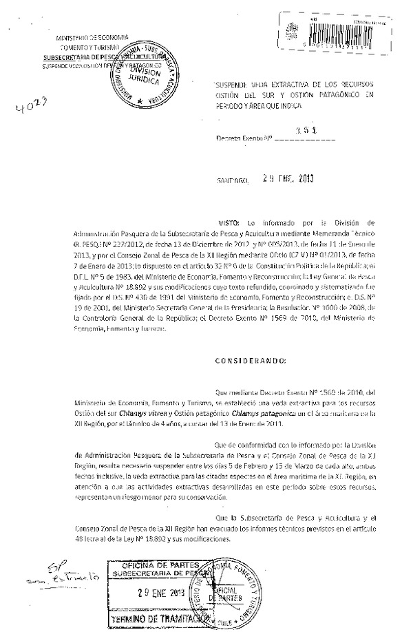 Decreto Nº 151 de 2013, Suspende Veda Extractiva del los recursos Ostión del Sur y Ostión Patagónico, XII Región.