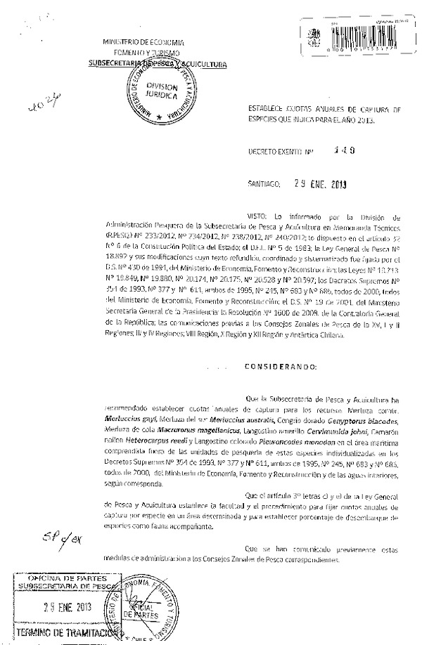 Decreto Nº 149 de 2013, Establece cuotas Anuales de Captura de Especies que indica.