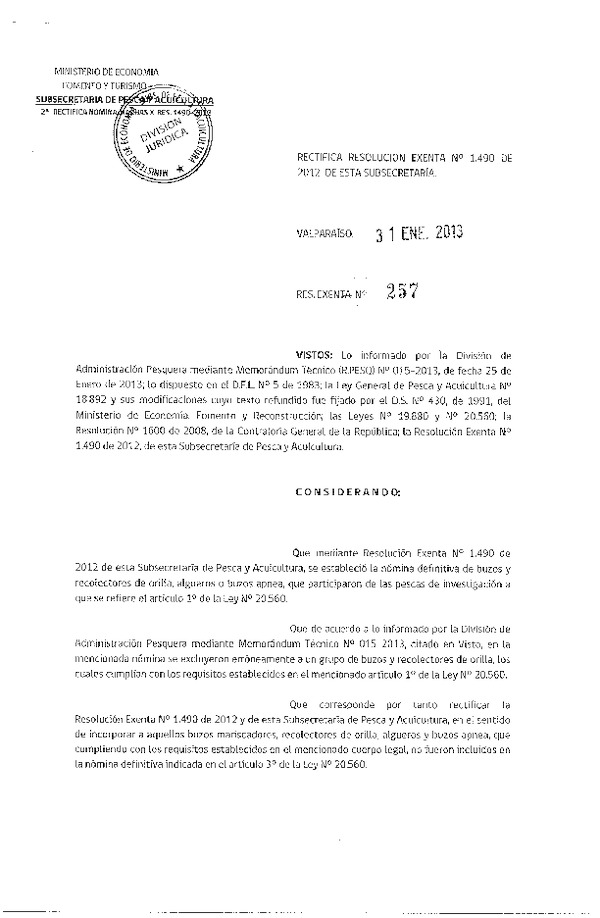 Resolución Nº 257 de 2013, Rectifica Resolución Nº 1490 de 2012. (F.D.O. 06-02-2013)