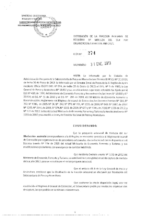 Resolución Nº 274 de 2013, Distribución de la Fracción Artesanal Merluza del Sur, XI Región.