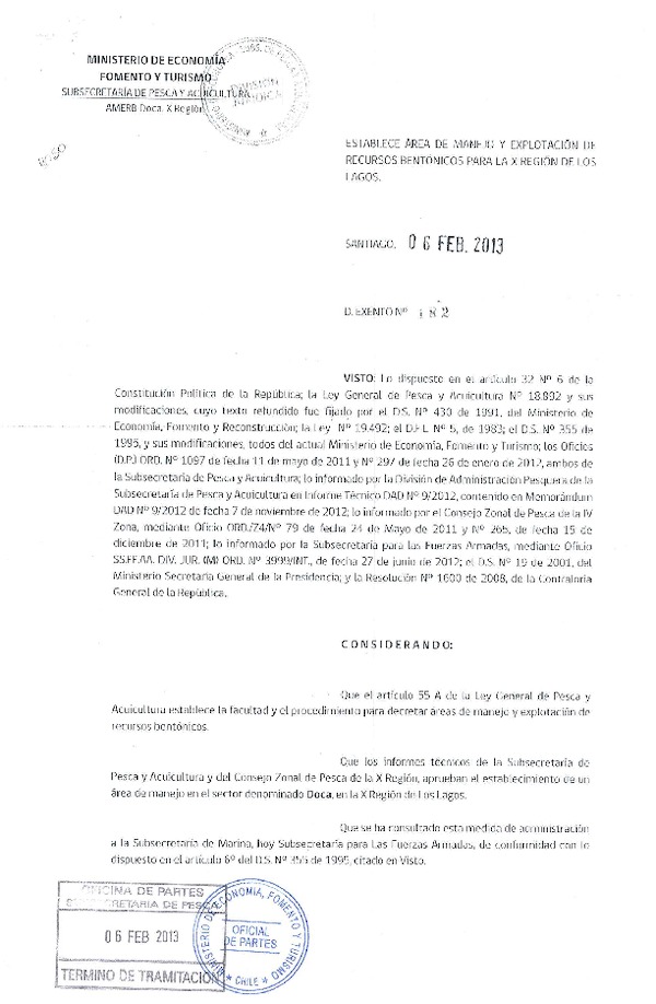 Decreto Nº 182 de 2013, Establece Área de Manejo y explotación de recursos Bentónicos Doca, X Región.