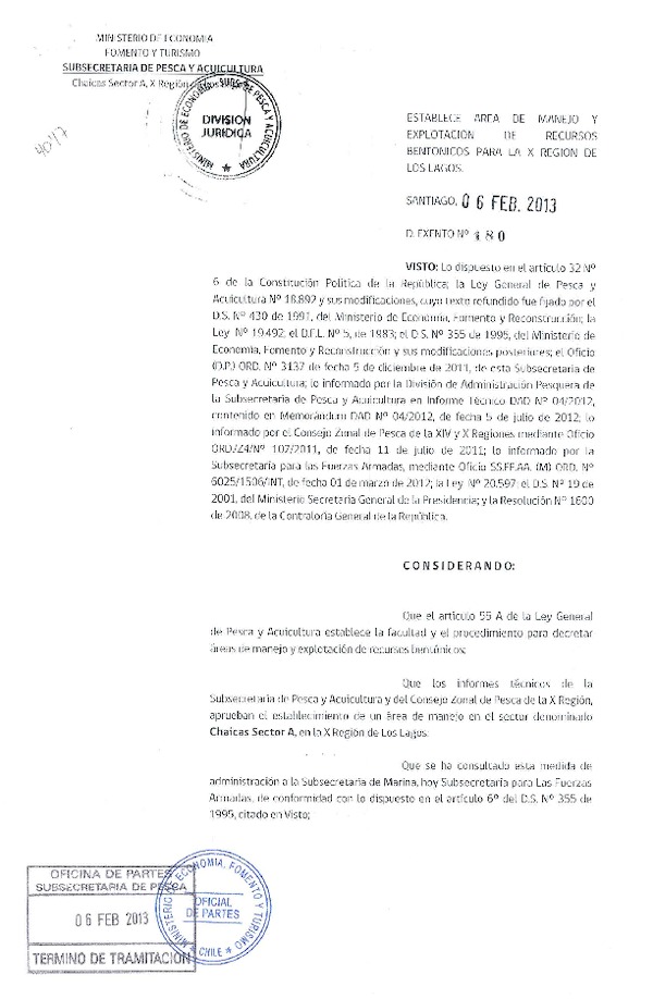 Decreto Nº 180 de 2013, Establece Área de Manejo y explotación de recursos Bentónicos Chaicas Sector A, X Región.