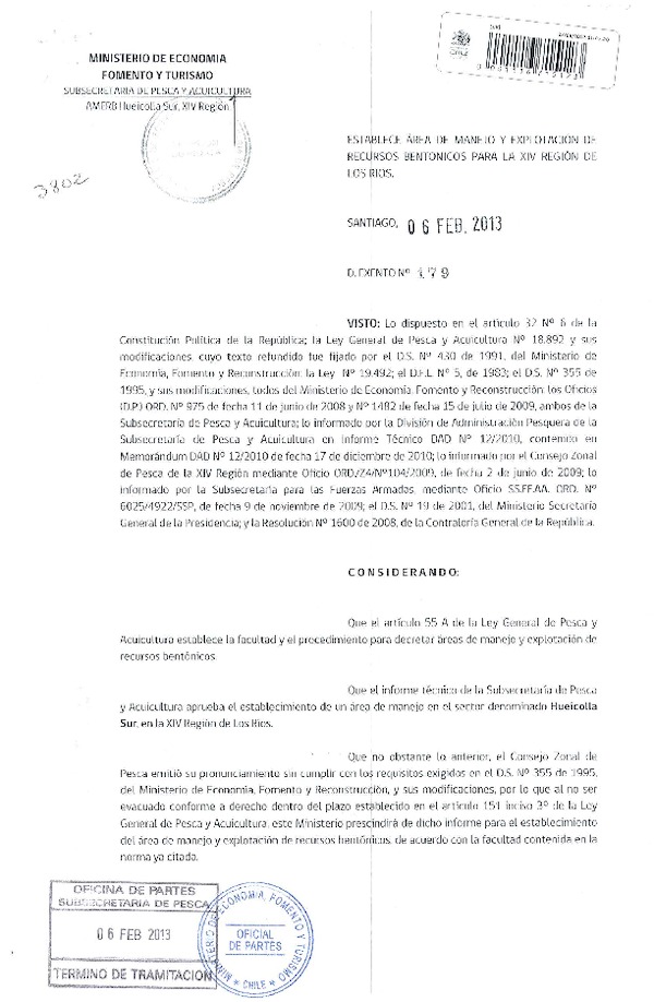 Decreto Nº 179 de 2013, Establece Área de Manejo y explotación de recursos Bentónicos Hueicolla Sur, XIV Región.