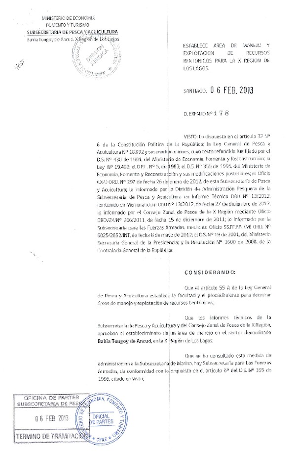 Decreto Nº 178 de 2013, Establece Área de Manejo y explotación de recursos Bentónicos Bahía Tongoy de Ancud, X Región.