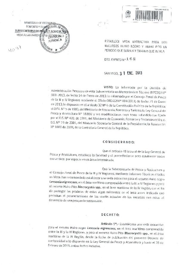 Decreto Nº 168 de 2013, Establece Veda Extractiva del recurso Huiro Negro y Huirto Pito, III-IV Región.