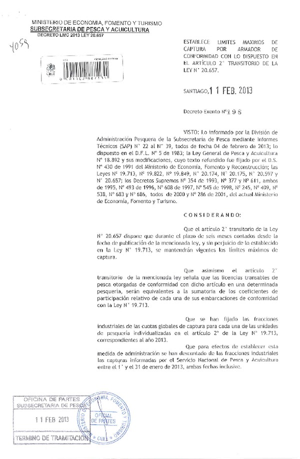 Decreto Nº 198 de 2013, Establece Límites Máximos de Captura de conformidad con lo dispuesto en el Artículo 2º Transitorio de la Ley 20.657.