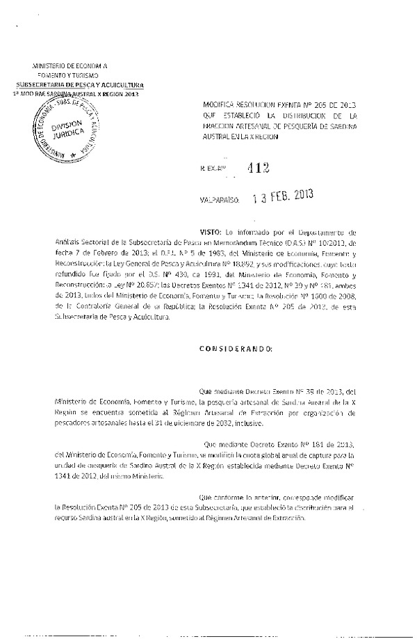 Resolución Nº 412 de 2013, Modifica Resolución Nº 205 de 2013, Distribución de la Fracción Artesanal Sardina Austral, X Región.
