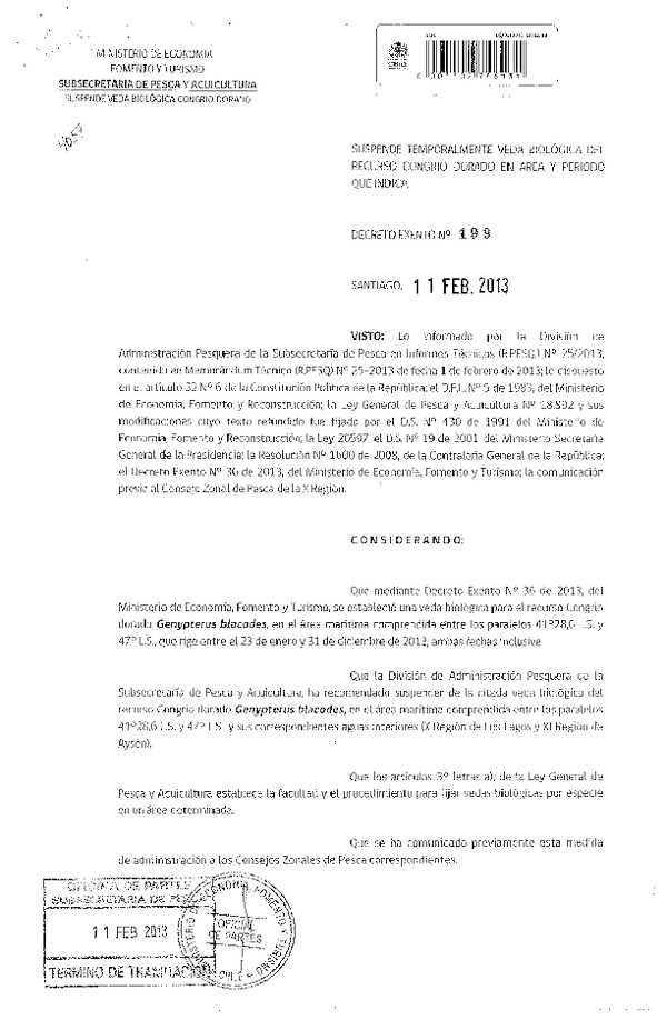Decreto Nº 199 de 2013, Suspende temporalmente Veda Biológica, recurso Congrio Dorado, X-XI Región.