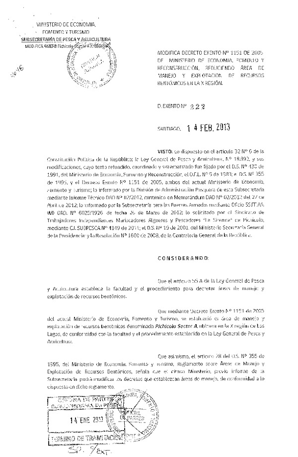 Decreto Nº 222 de 2013, Modifica Decreto Nº 1151 de 2005 Área de manejo Pichicolu Sector A, X Región.