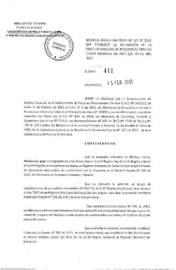 Resolución Nº 442 de 2013, Modifica Resolución Nº 305 de 2013, Distribución de la Fracción Artesanal Merluza común, VII Región.