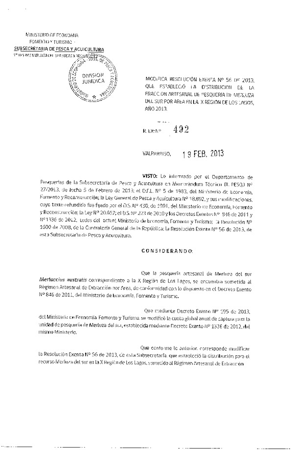 Resolución Nº 492 de 2013, Modifica Resolución Nº 56 de 2013, Distribución de la Fracción Artesanal Merluza del sur, X Región.
