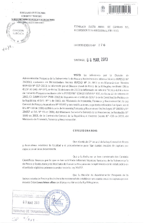 Decreto Nº 270 de 2013, Establece Cuota Anual de captura recurso Erizo X-XI Región.
