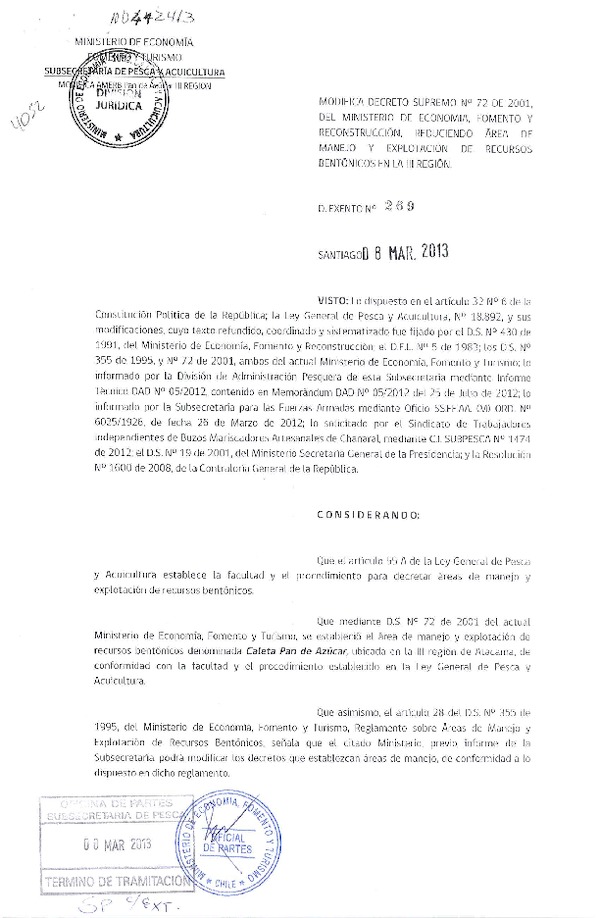 Decreto Nº 269 de 2013, Modifica Decreto Nº 72 de 2001 Área de manejo Pan de Azucar, III Región.