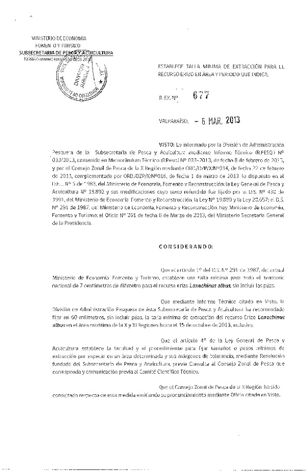 Resolución Nº 677 de 2013, Establece Talla mínima de Extracción para el recurso Erizo, X-XI Región.