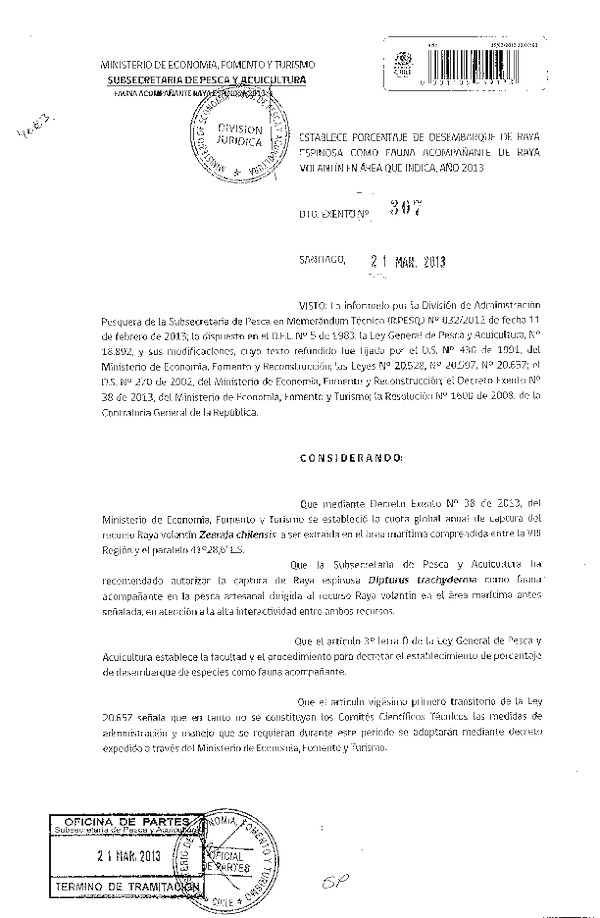 Decreto Nº 307 de 2013 Establece Porcentaje de desembarque de Raya espinosa como Fauna acompañante de raya volantín.