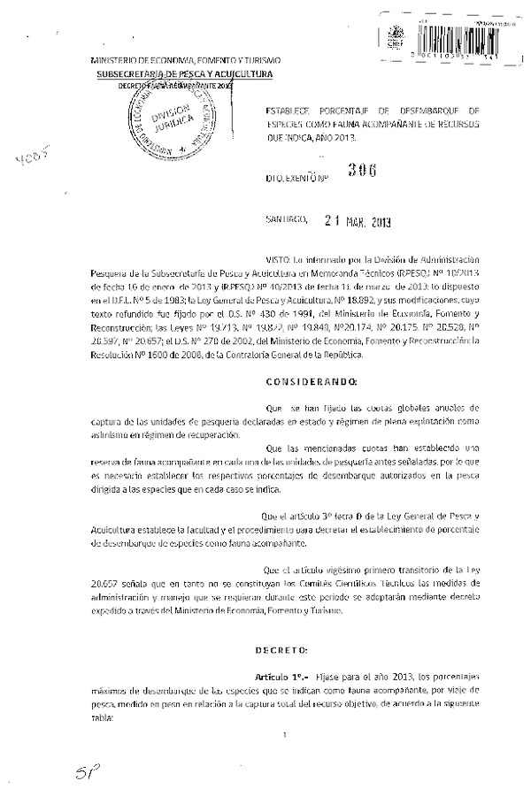 Decreto Nº 306 de 2013 Establece Porcentaje de desembarque de especies como Fauna acompañante de Recursos que indica, año 2013.