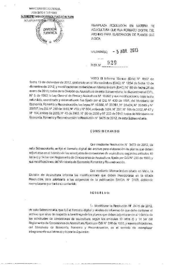 Resolución Nº 929 de 2013, Reemplaza Resolución Nº 3475 de 2012, Fija formato digital del archivo para elaboración de planos que indica.