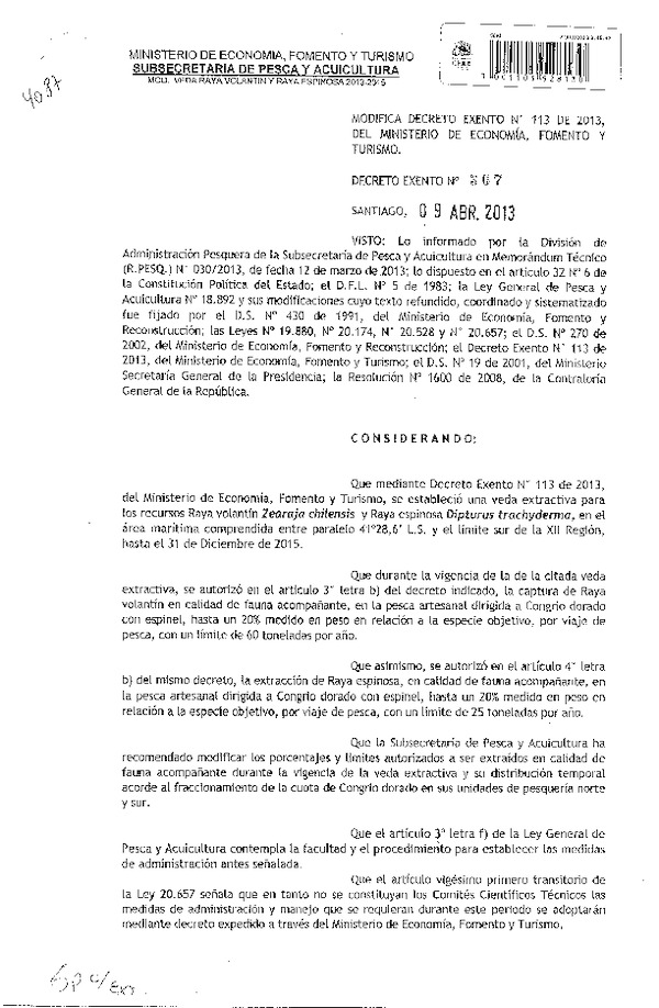 Decreto Nº 367 de 2013 Modifica Decreto Nº 113 de 2013, Veda extractiva Raya volantín y Raya espinosa, 41º 28,6' L.S.- XII Región.