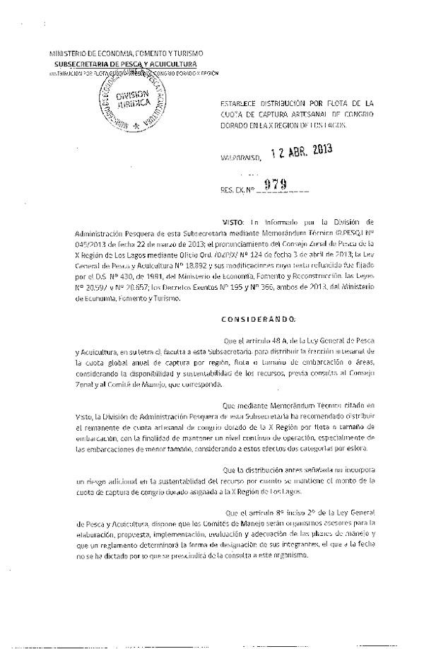 Resolución Nº 979 de 2013 Establece Distribución por Flota de la cuota de captura artesanal de Congrio Dorado en la X Región de Los Lagos.