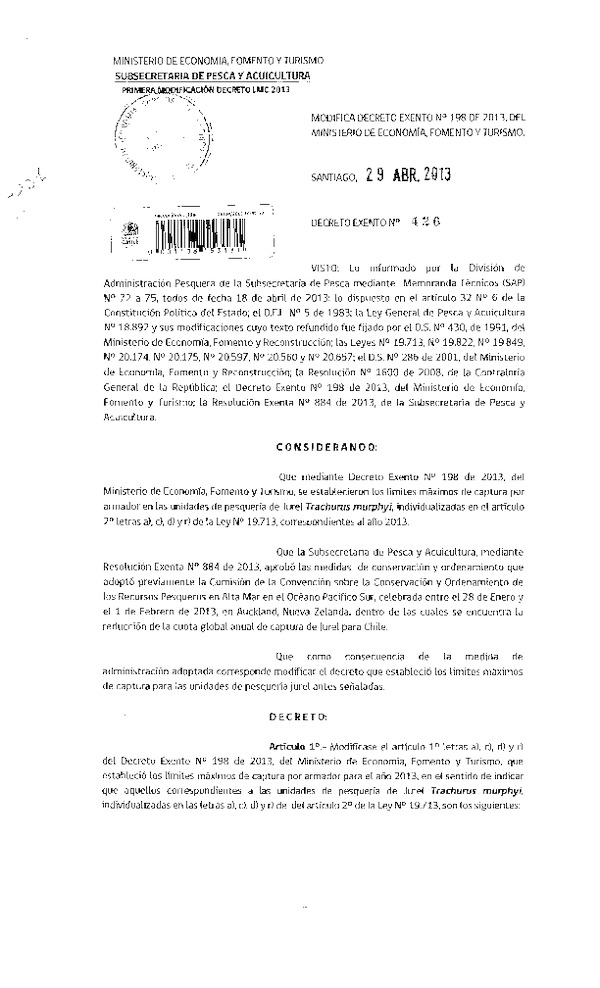 Decreto Exento Nº 426 de 2013 Modifica Decreto Nº 198 de 2013, Límite Máximo de Captura Jurel III-IX Región. (F.D.O. 09-05-2013)