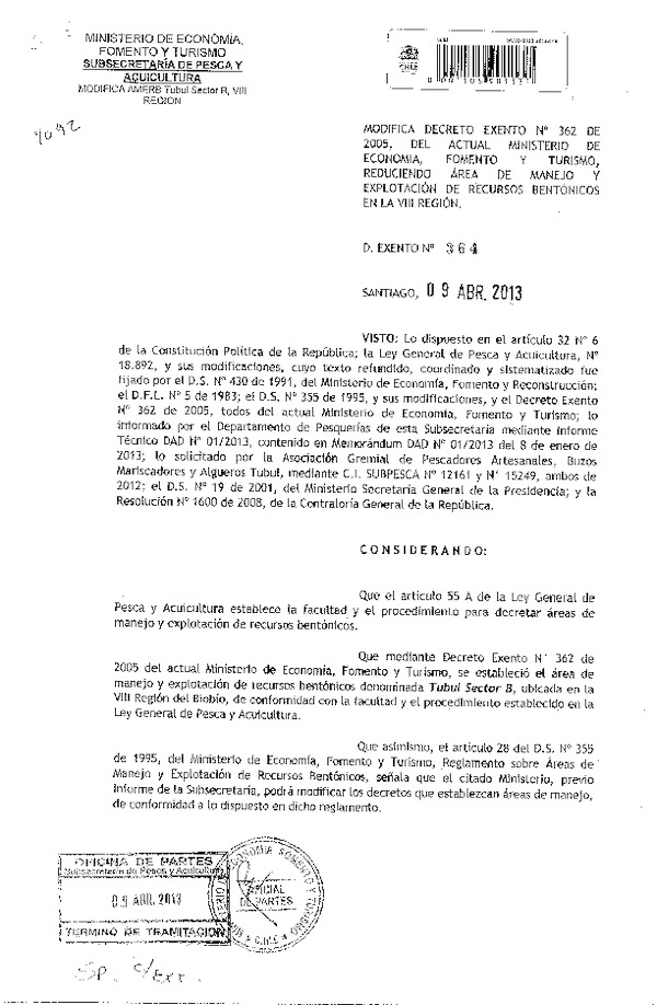 Decreto Exento Nº 364 de 2013 Modifica Decreto Nº 362 de 2005, Área de manejo Tubul Sector B, VIII Región. (F.D.O. 13-05-2013)