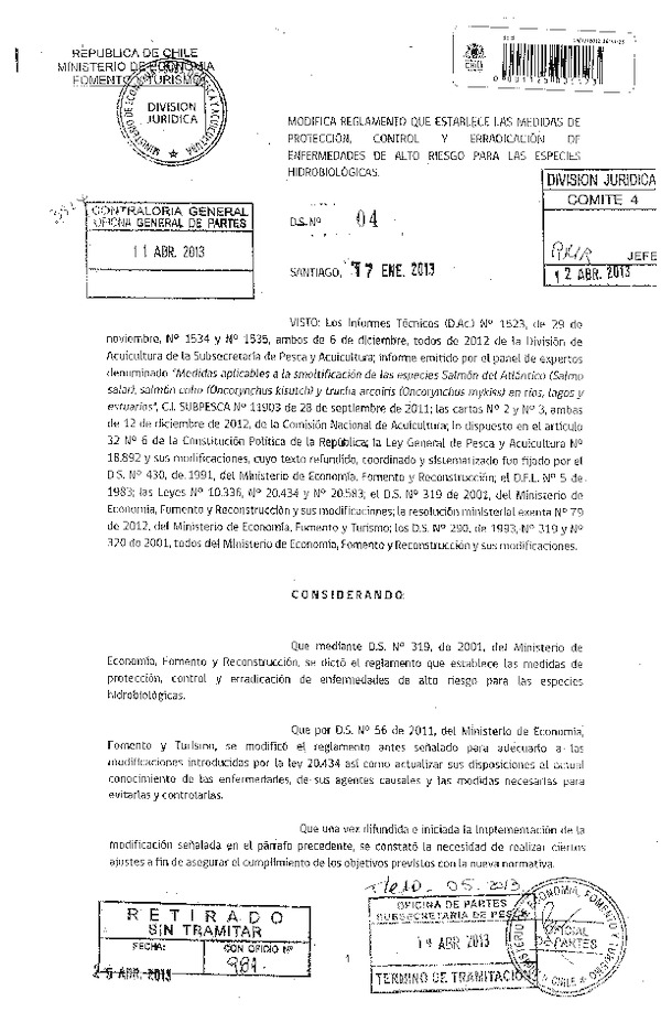 Decreto Supremo Nº 4 de 2013 Modifica Reglamento que Establece las Medidas de protección, control y erradicación de enfermedades de alto riesgo para las especies hidrobiológicas. (F.D.O. 22-05-2013)