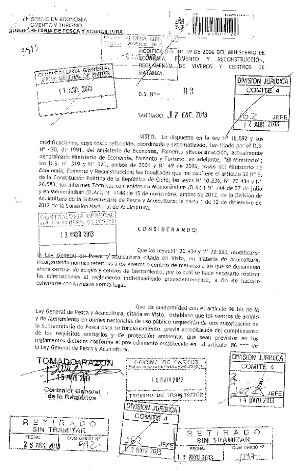 Decreto Supremo Nº 3 de 2013 Modifica Decreto Nº 49 de 2006, Reglamento de Viveros y Centros de Matanza. (F.D.O. 24-05-2013)