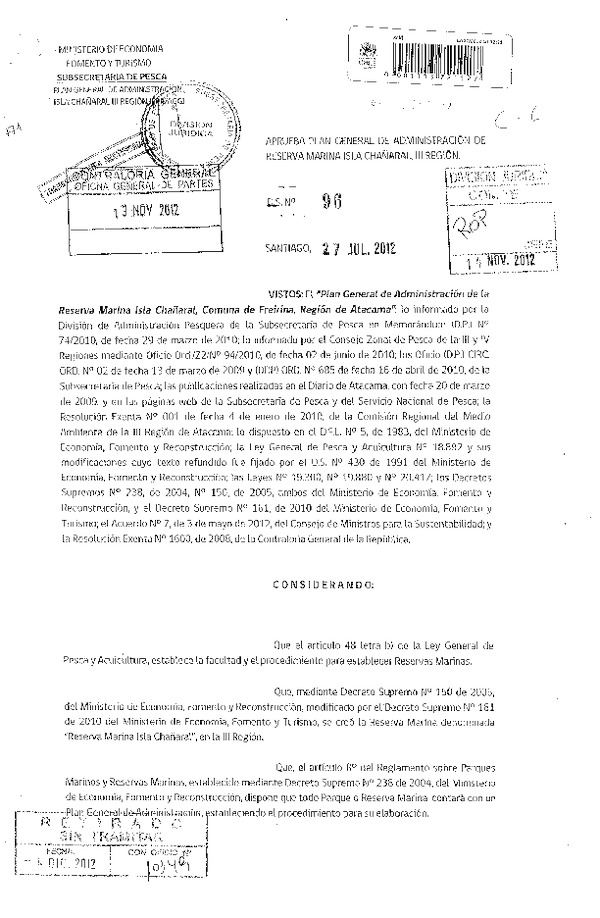 Decreto Supremo Nº 96 de 2012 Aprueba Plan General de Administración de Reserva Marina Isla Chañaral, III Región.