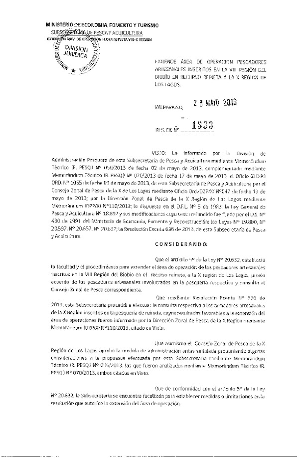 Resolución Nº 1333 de 2013 Extiende área de Operación Pescadores Artesanales Inscritos en la VIII Región del Bíobio en Recurso Reineta a la X Región de Los Lagos. (F.D.O. 03-06-2013)