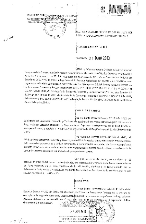 Decreto Exento Nº 501 de 2013 Rectifica Decreto Nº 367 de 2013, Veda extractiva Raya XII Región. (F.D.O. 06-06-2013)