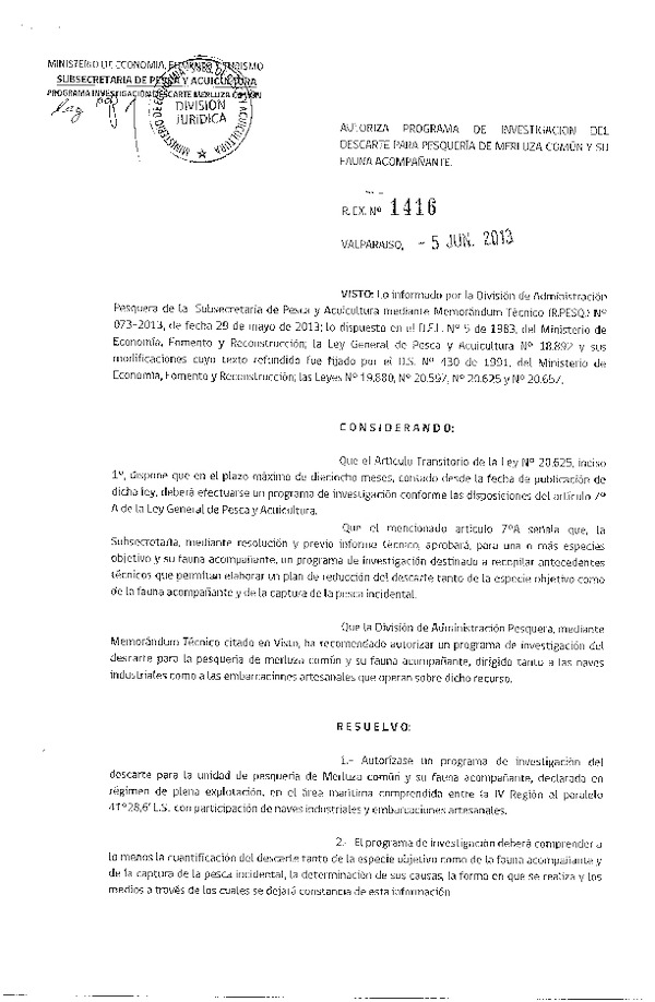Resolución Nº 1416 de 2013 Programa Investigación del Descarte Merluza común y su fauna acompañante