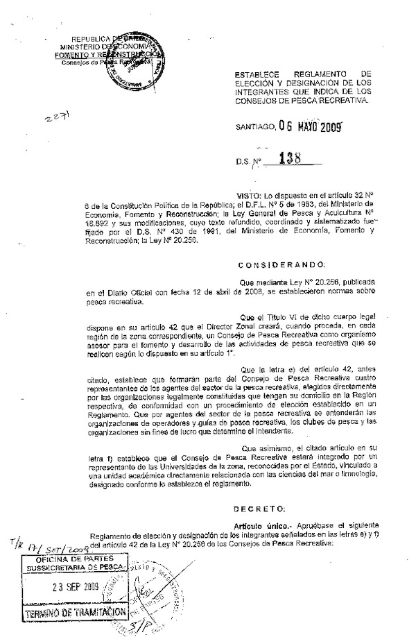 DS 138-09 Reglamento elección y designación integrantes consejos de pesca recreativa