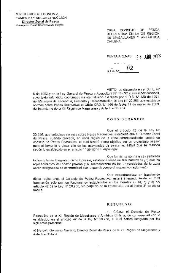 R EX Nº 2-2009 Crea Consejo Pesca Recreativa en la XII Región de Magallanes y Antártica Chilena.