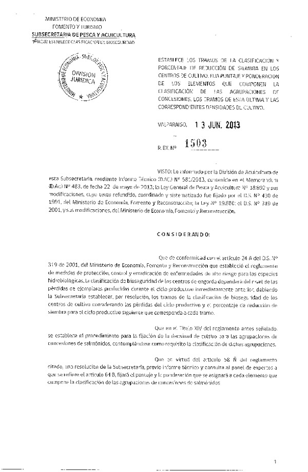 Resolución Nº 1503 de 2013 Establece Tramos de la clasificación y porcentaje reducción de siembra en Centros de cultivo