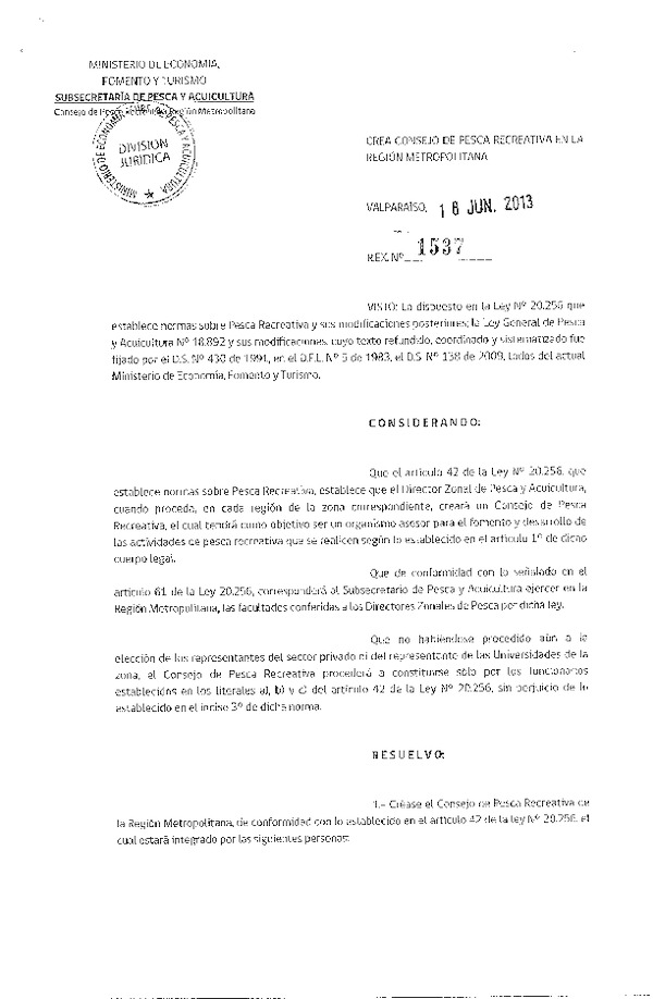 Resolución Nº 1537 de 2013 Crea Consejo de Pesca recreativa en la región Metropolitana (F.D.O. 21-06-2013)