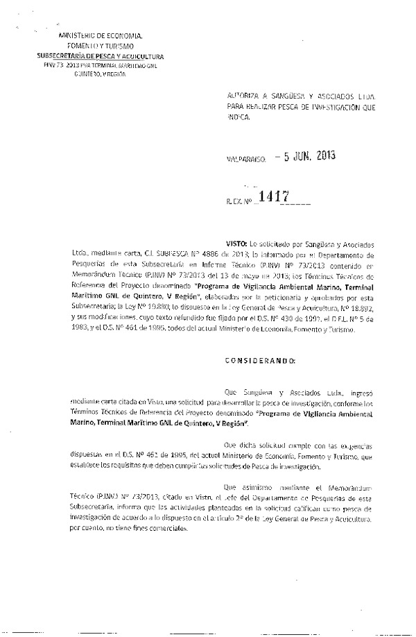Resolución Nº 1417 de 2013 Programa de vigilancia Ambienatl marino Quintero V Región.