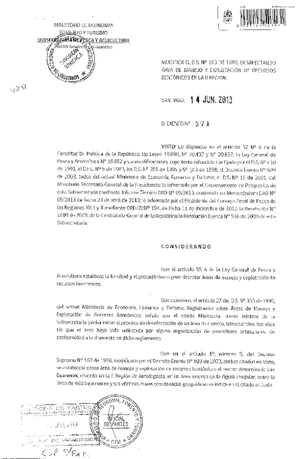 Decreto Exento Nº 571 de 2013, Modifica Decreto Nº 163 de 1998 desafectando área de manejo Las Guaneras de la II Región.(F.D.O. 20-06-2013)