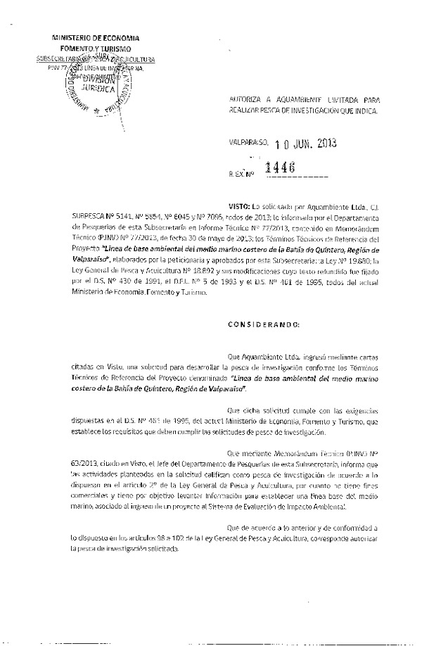 Resolución Nº 1446 de 2013 Línea base ambienatl medio marino costero, Quintero V Región.