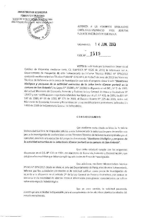 Resolución Nº 1519 de 2013 Jaiba limón comuna San Antonio.