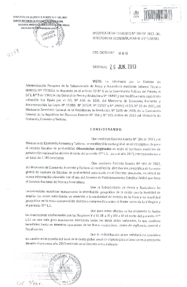 Decreto Exento Nº 606 de 2013 Modifica Decreto Nº 184 de 2013 Cuota Bacalao XV-XI Reg. (F.D.O. 03-07-2013)