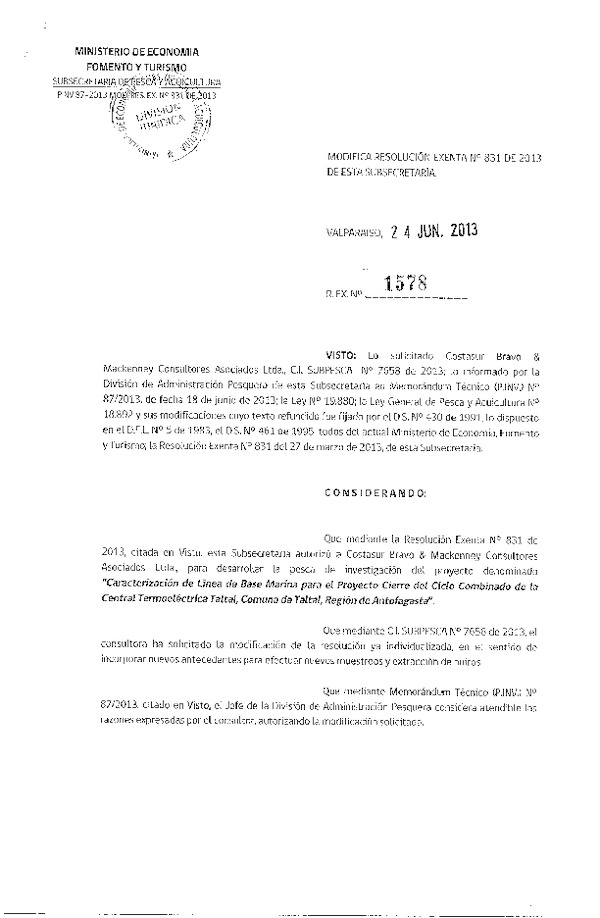 Resolución Nº 1578 de 2013 Modifica Resolución Nº 831 de 2013 Linea Base marina proyecto