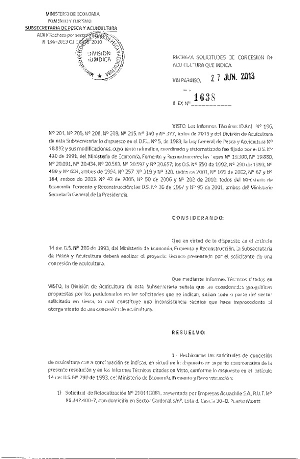 Resolución Nº 1638 de 2013 Rechaza.