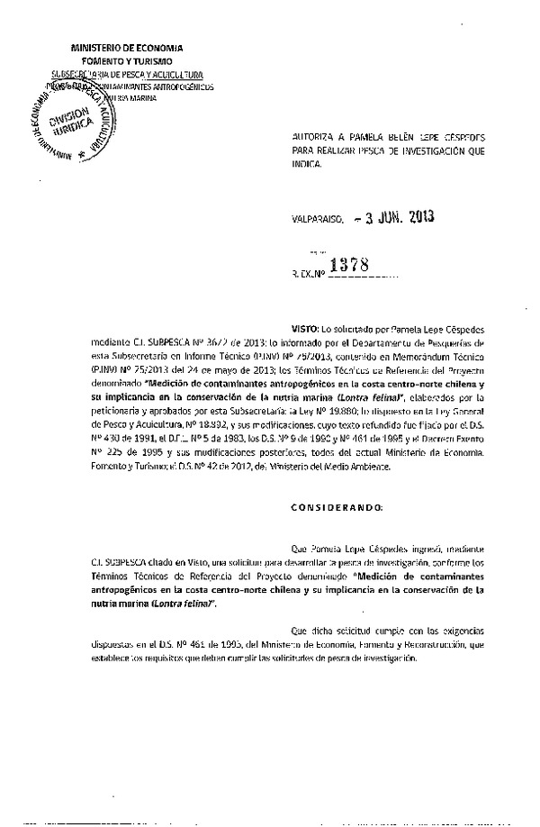 Resolución Nº 1378 de 2013 Medición de contaminantes antropogénicos en chungungo.
