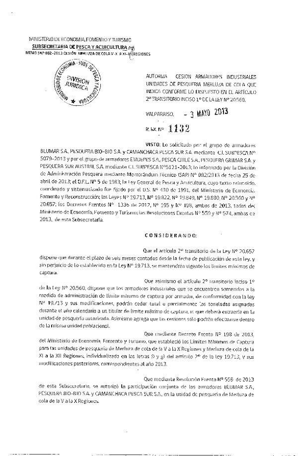 R EX Nº 1132-2013 Autoriza Cesión recurso Merluza de cola V-X Región.