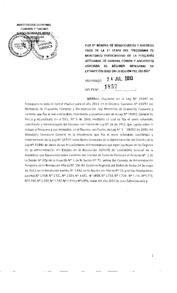 Res Exenta N°1857-13 Fija 8° nómina de beneficiarios y autoriza pago de la 1° etapa del "Programa de monitoreo participativo de la pesquería artesanal de Sardina común y Anchoveta asociada a RAE en la región del Bío Bío"