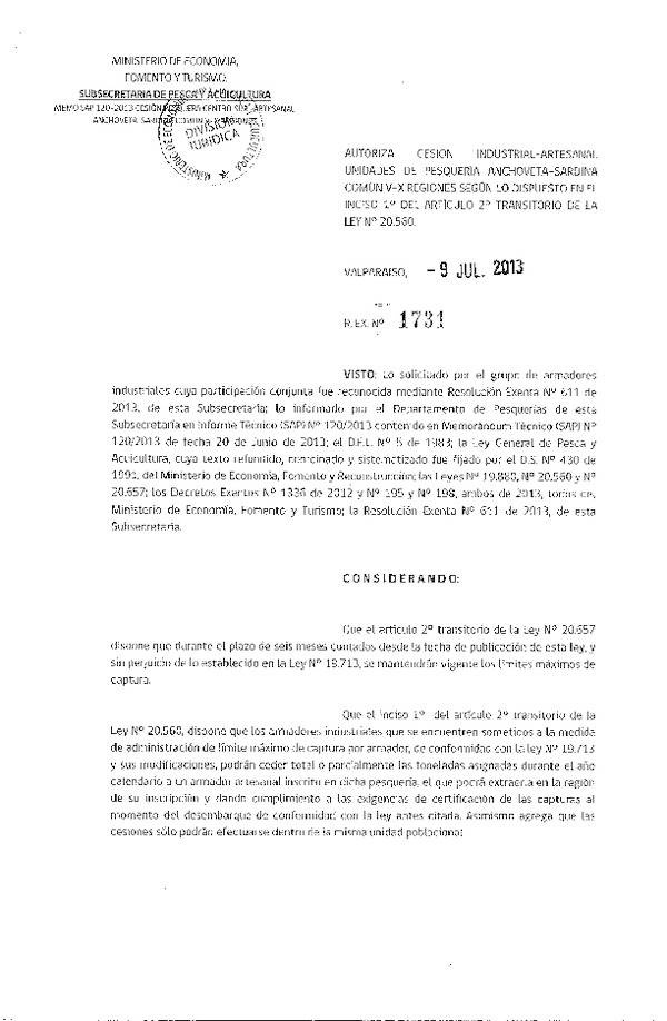 R EX Nº 1731-2013 Autoriza Cesión recurso Anchoveta y Sardina común V-X Región.