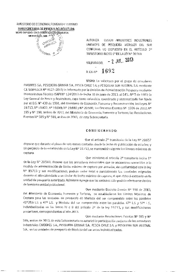 R EX Nº 1692-2013 Autoriza Cesión recurso Merluza del sur.