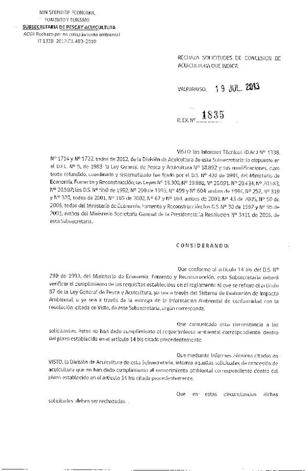 Resolución Nº 1835 de 2013 Rechaza.