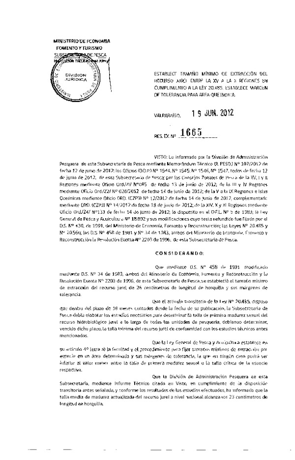 Resolución Nº 1665-2012 Establece Tamaño Mínimo de Extracción Jurel XV-X Región.